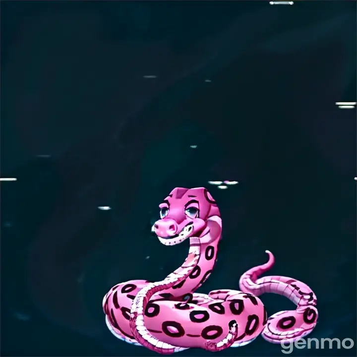 a pink snake sitting on top of a black surface cute winking an eye