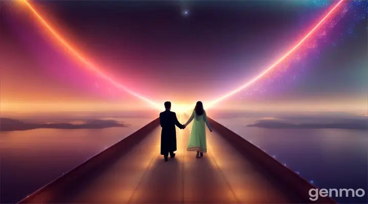 8k wide shot: A young Pakistani couple wearing modern outfits walks hand in hand through Heaven’s Celestial Bridge, a pathway made of pure light that stretches across the heavenly skies. Below them, the entire universe is visible, and above, the stars form patterns of love that guide their way.
