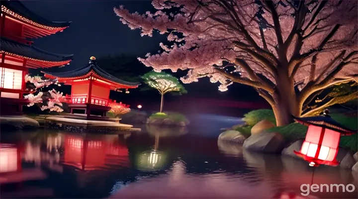 Close up of floating lanterns on a pond in a Japanese Tea Garden at night