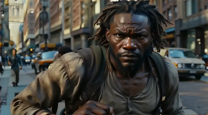 a man with dreadlocks walking down a street