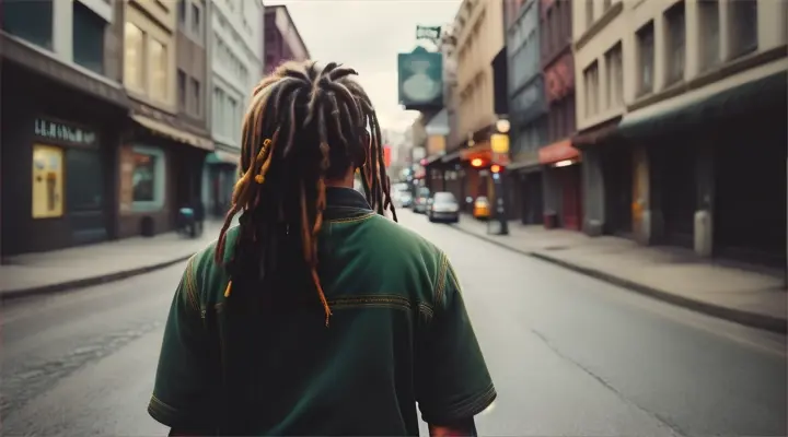 “a man with dreadlocks walking down a street”