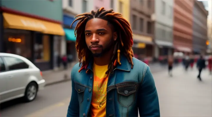 “a man with dreadlocks walking down a street”