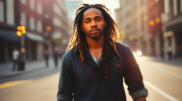 “a man with dreadlocks walking down a street”