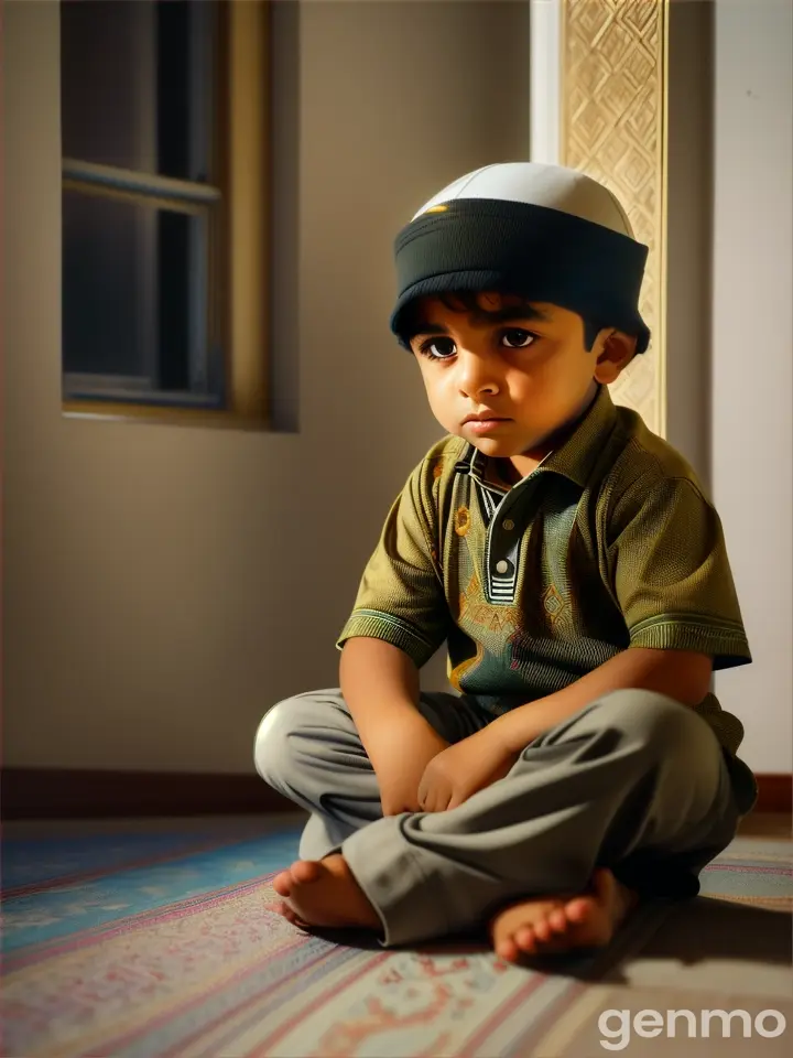 A little Muslim boy sitting sad and astonished on the floor in the room