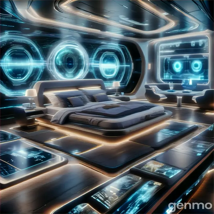 a futuristic bedroom with a bed and a lot of lights
