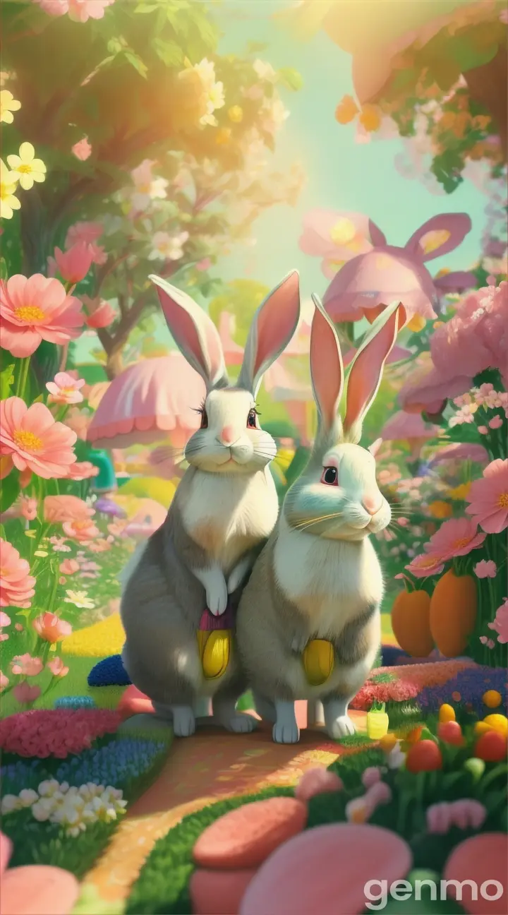 Colorful rabbits amidst a pastel garden of blooming flowers and juicy fruits