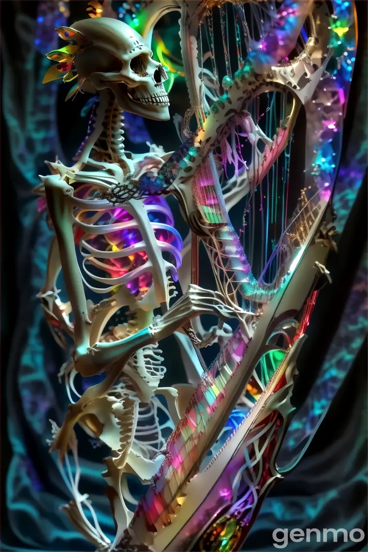 A single skeleton playing a harp under a vibrant, glowing aurora borealis