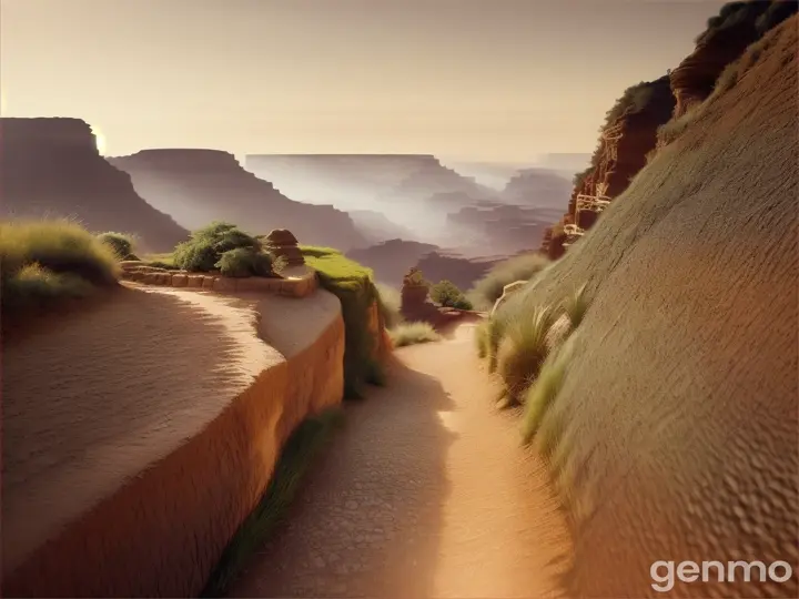 a narrow cobbled pathway across a green desert