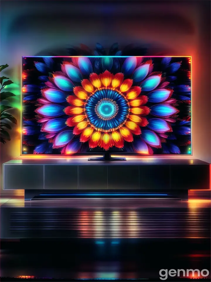 a large television on a stand in front of a plant