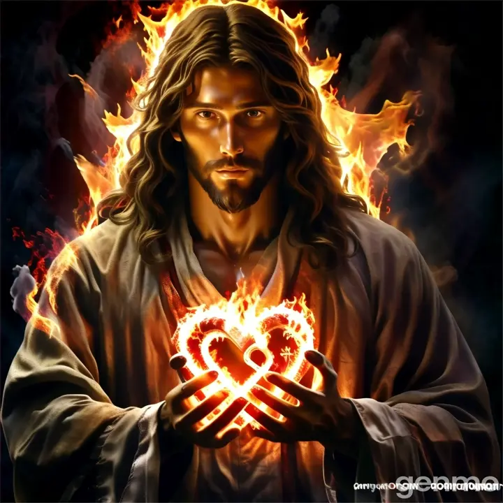 jesus holding a heart with flames in the background