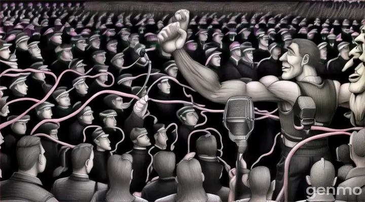 a drawing of a man holding a microphone in front of a crowd of people