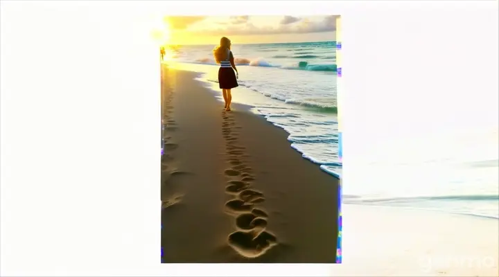 a woman walking along a beach with footprints in the sand