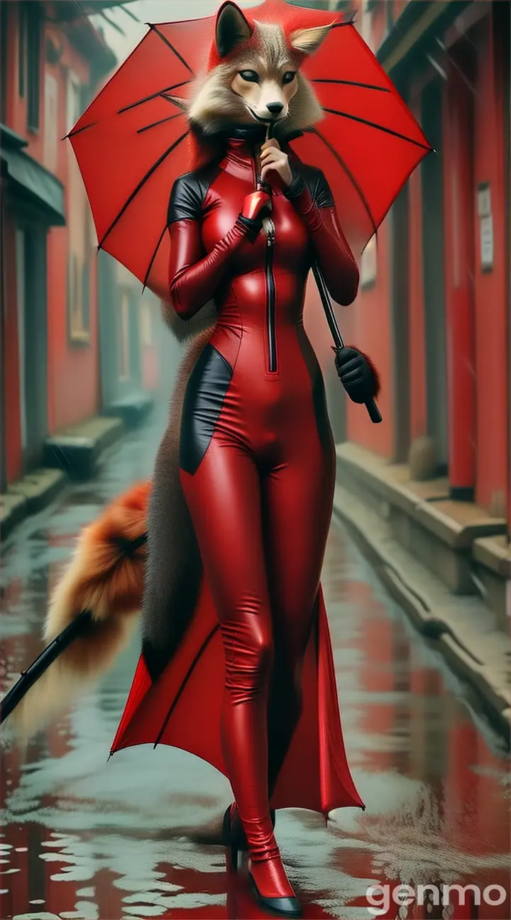 a woman in a red catsuit holding a red umbrella