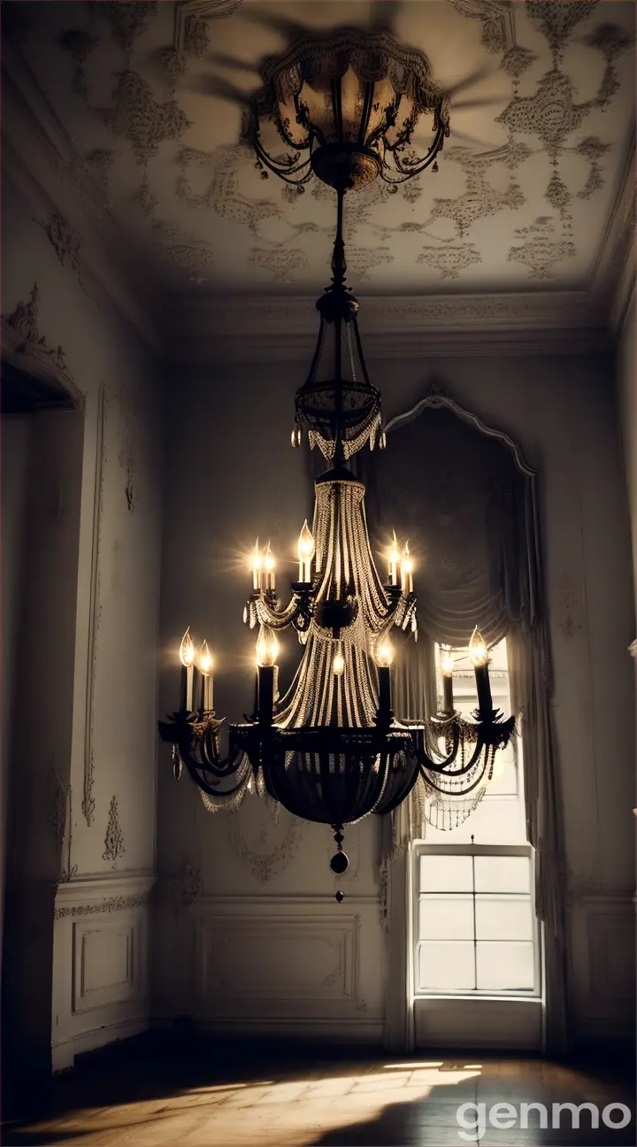 **Dusty Mansion Interior**: The inside of the mansion is filled with dust-covered furniture, cobwebs in the corners, and an old chandelier hanging precariously. The walls are lined with old, faded pictures, except for a few that remain mysteriously clean.