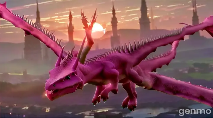 A pink dragon flying over a field of lavender during a sunset, capturing a sense of serenity