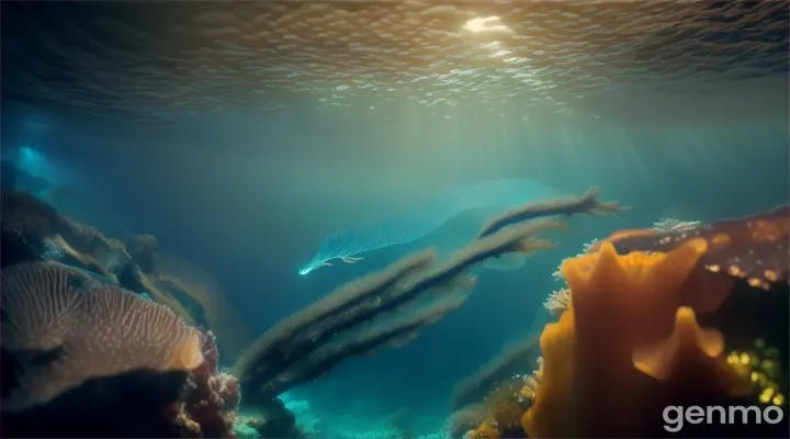 A school of squid in a luminous, underwater cavern, surrounded by glowing sea plants