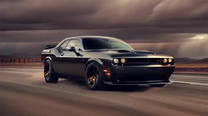  Dodge Challenger Hellcat, driving in a long road ,  fantasy style location 