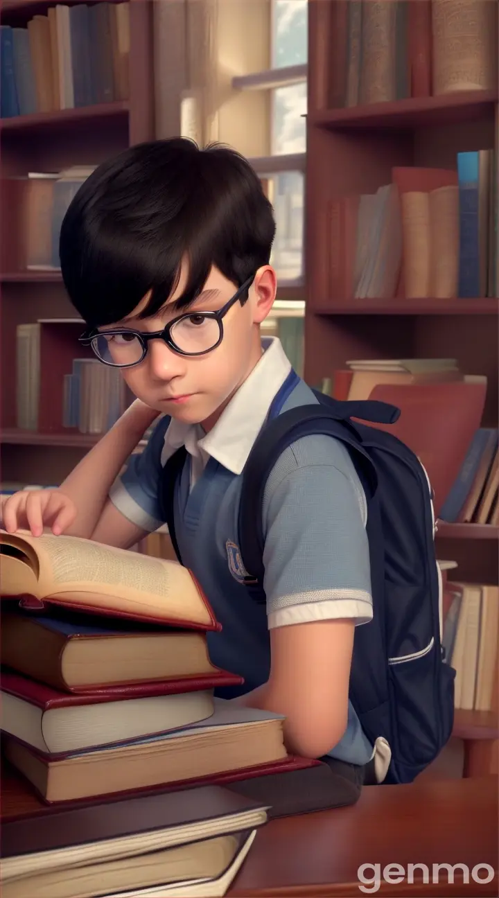 Cute looking school boy with short black hair wearing a white shirt, blue shorts, backpack, white sneakers, glasses on Read old books