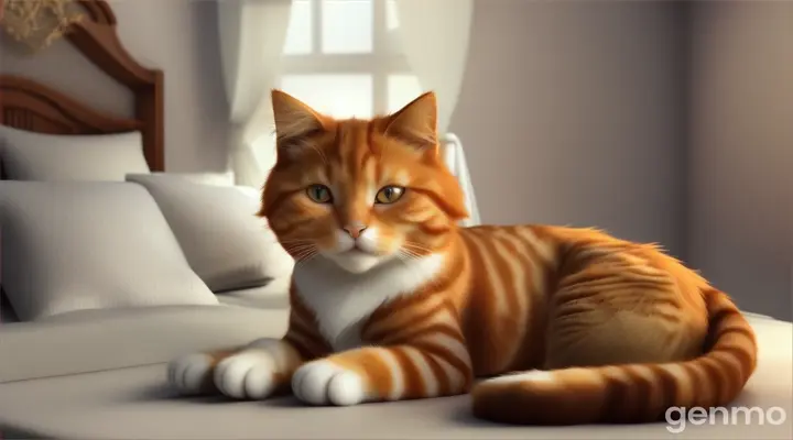 Realistic, 3d style video of cute ginger cat purr, sitting in bed in bedroom