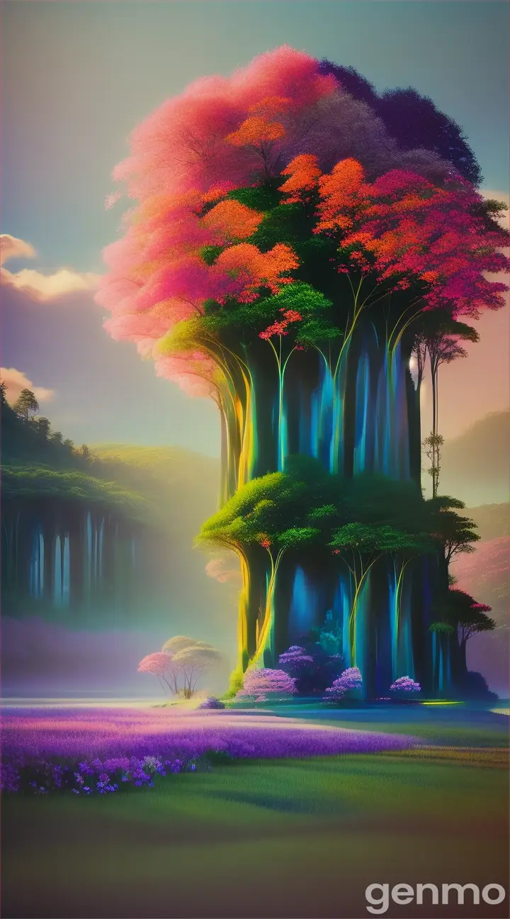 a vibrant (райский сад), lush greenery, colorful flowers, dreamy, paradise, fantasy landscape, magical, surreal, digital artwork, high detail, enchanting, mystical, heavenly, whimsical, imaginative, 4k.