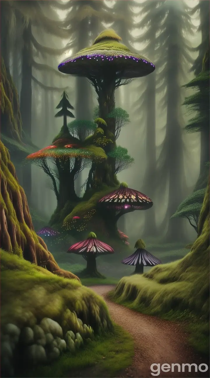 a high quality professional photo of a magical forest in a fantasy style, enchanted, mystical, vibrant colors, giant mushrooms, glowing plants, misty atmosphere, ethereal, ancient trees, fairy-tale creatures, moss-covered rocks, cascading waterfalls, fantasy landscape, dreamlike, whimsical, mythical, surreal, enchanting, magical realism, digital art, illustration, panoramic view, magical forest floor, forest canopy, fantasy creatures, elven realm, fantastical environment, magical lighting, epic scenery, fantasy concept art, 4k.