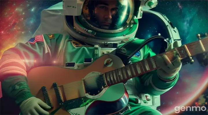 Astronaut in green playing guitar with roses