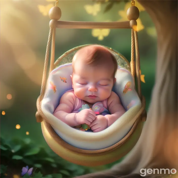 “A garden of vibrant butterflies surround a newborn baby snug in a swing, set against a fairytale forest backdrop”