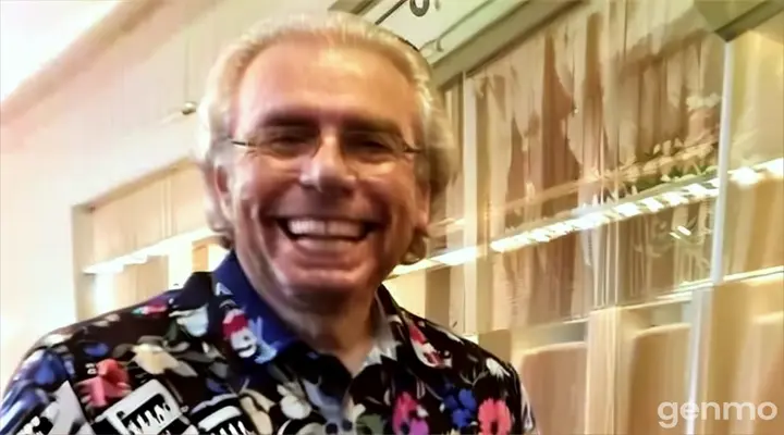 a man in a floral shirt smiling for the camera