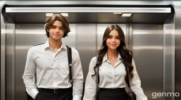 inside an elevator, a smiling young man with Fringe long brown hair in white long sleeve formal shirt carrying a black backpack and a woman with Long wavy Black Hair in white long sleeve blouse shirt carrying a black handbag purse standing inside an elevator facing the camera