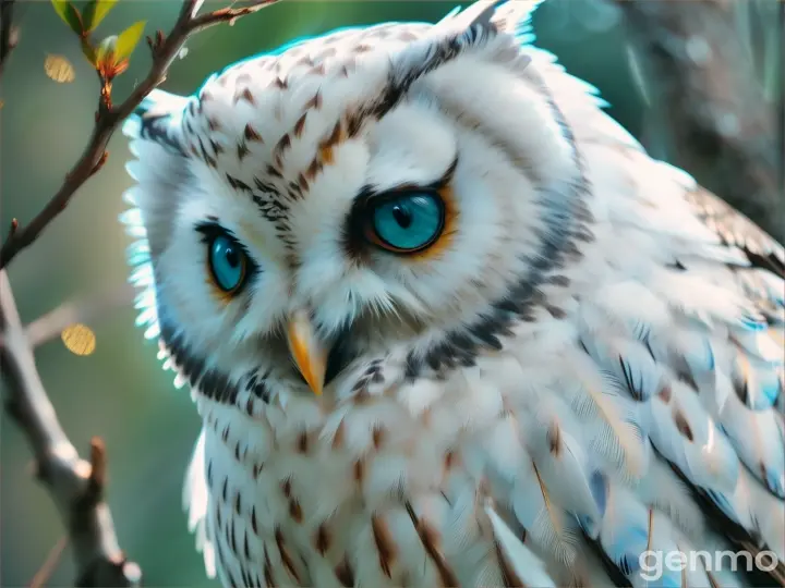 a white owl with blue eyes sitting on a branch