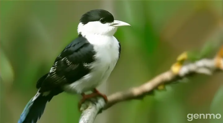 a small black and white bird sitting on a branch