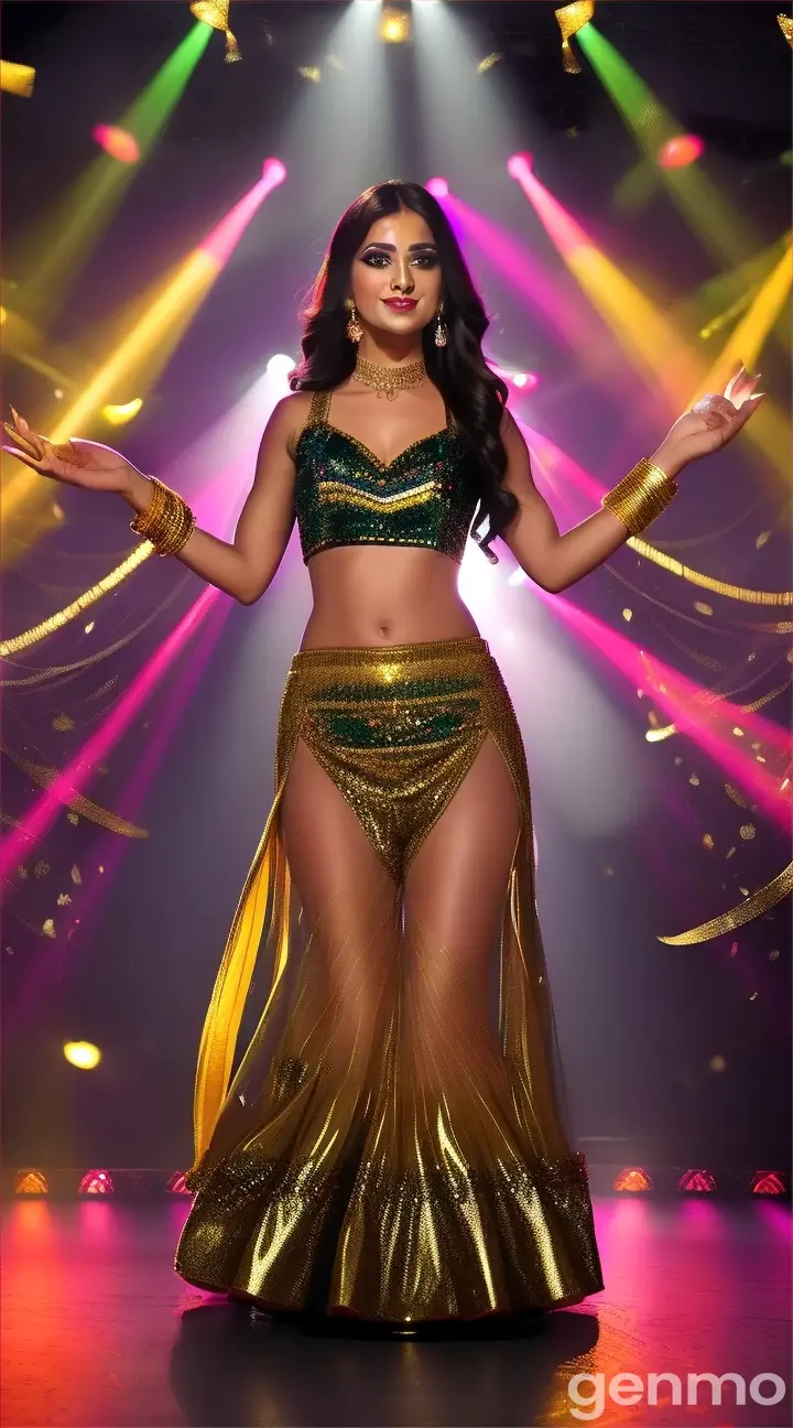 8k wide shot of a glamorous Pakistani woman in a glittering gold lehenga, dancing energetically in the center of a lavish nightclub, surrounded by a crowd of cheering partygoers, with colorful spotlights illuminating the scene.

