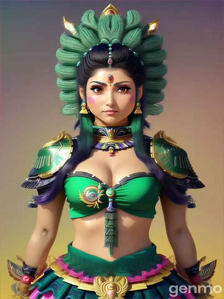 Crea una ilustración estilo anime de una mujer mexicana haciendo cosplay de una guerrera azteca mexicana, parada en una piedra con vegetación. Debe tener el cabello de largo medio peinado con rizos suaves, teñido de un verde menta brillante. Vístela con un atuendo vibrante con un rosa intenso, amarillo soleado y turquesa intenso, que presente un diseño divertido con una blusa ajustada y una falda con patrones coloridos. Su expresión debe ser relajada y feliz, reflejando su disfrute del entorno elegante. Resalta los elementos detallados de su cosplay y la atmósfera sofisticada y acogedora del bosque.