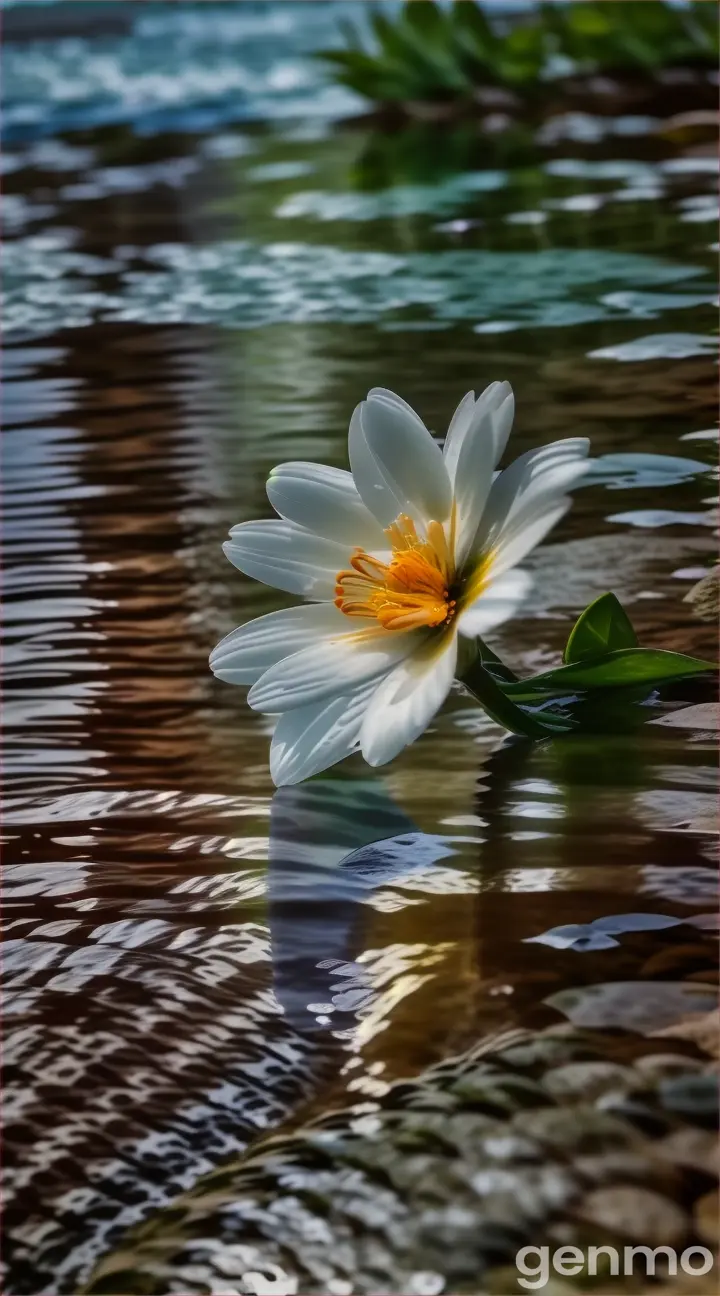 a white flower sitting on top of a river