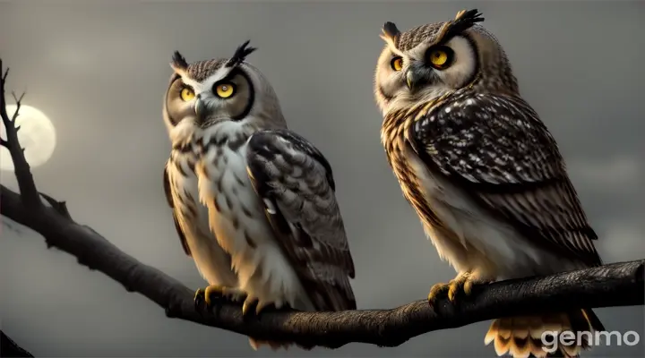 Owl with big yellow eyes sits on a branch. The background shows an abandoned foggy suburban town and a cloudy evening sky and the moon. Cinematic lighting