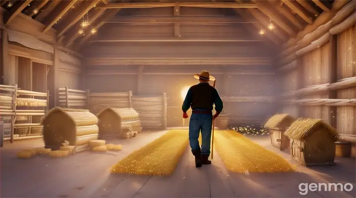 create animated image of  A poor farmer standing in a rustic barn, surrounded by hay and wooden tools, show him in poverty  looks surprised as he notices a shimmering golden goose with bright golden feathers waddling through the barn. The barn is old and simple, with a few other ordinary geese in the background.
