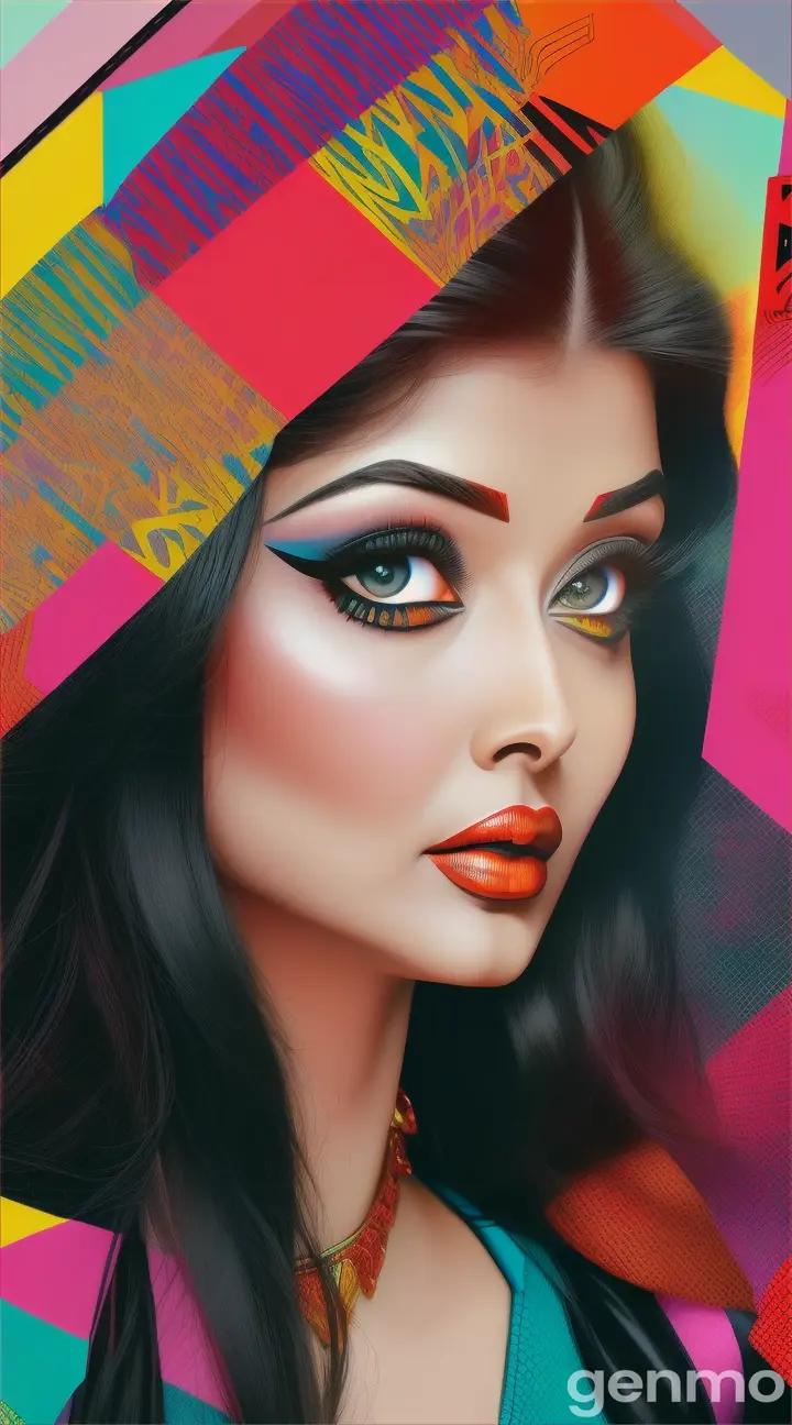 Aishwarya Rai's striking beauty featured in a pop-art style graphic with bold colors and exciting action, 9:16 ratio, make the video with exact features of Aishwarya Rai