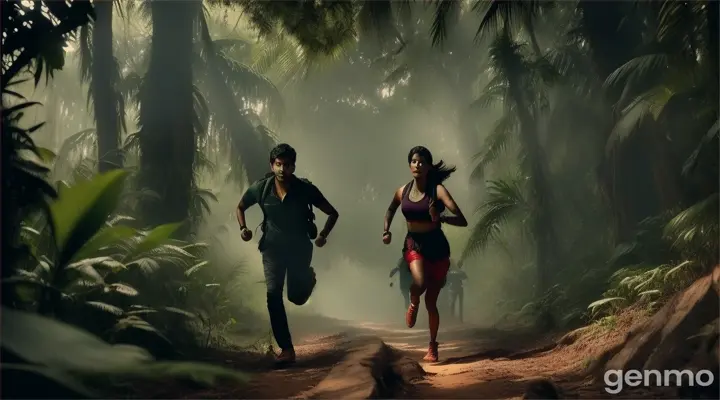 Riya and Vivek running through the jungle, panic and confusion on their faces. The dense trees seem to close in around them, and dark, haunting eyes peer from the shadows.