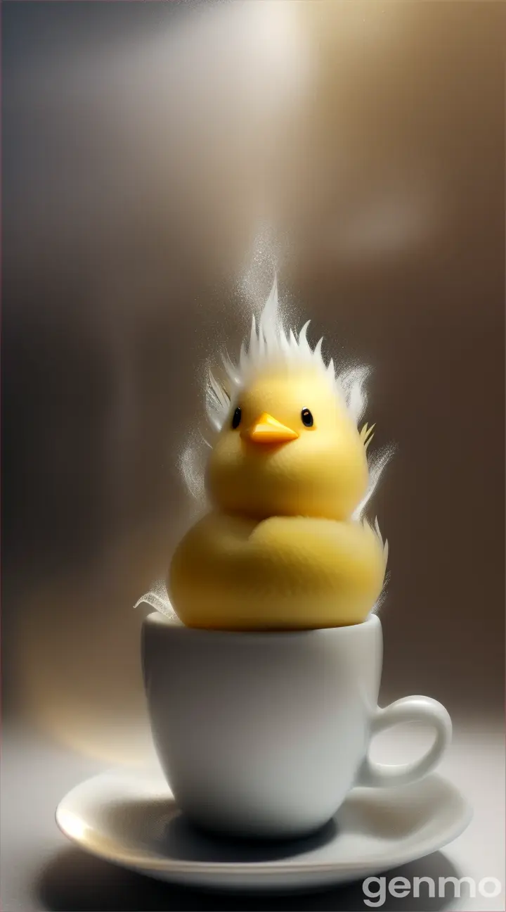 a coffee cup with foam on top in the shape of a baby chick.  The foam comes to life and shakes off the extra foam and hops out of the cup and leaves the area