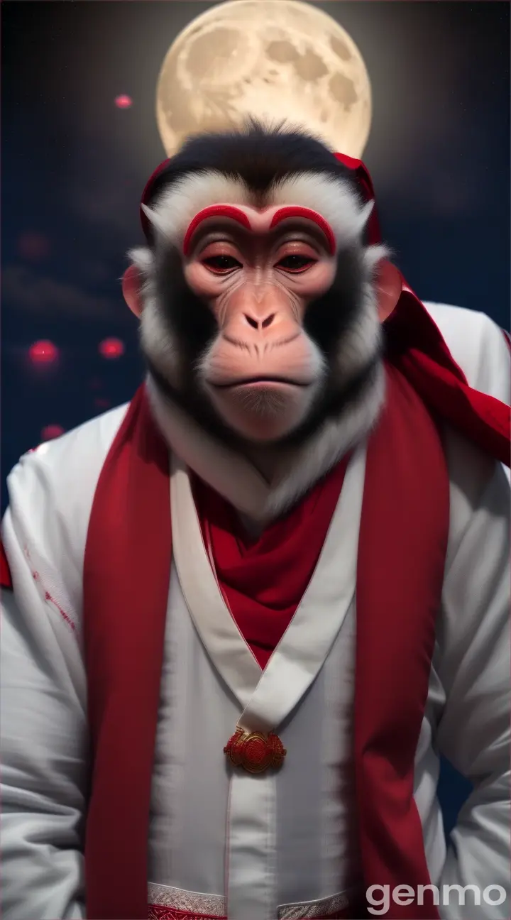 The monkey is wearing white pant and red colir shiry and red color shawl around his neck looking the full moon st night and singing sadly