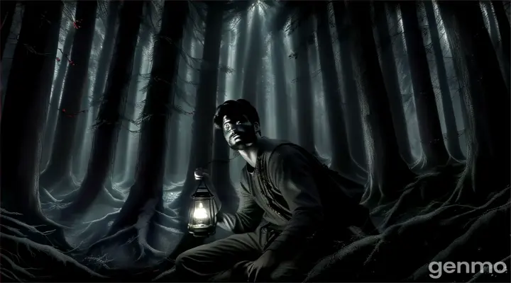 a man holding a lantern in a dark forest