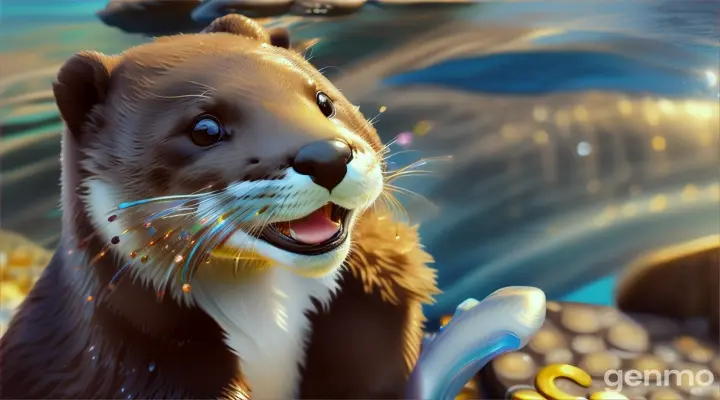 creation of a  little chocolate-brown fur and the brightest, twinkling eyes cartoon otter   see sparkling sea shell at the bank   of  blue  river 16:9 