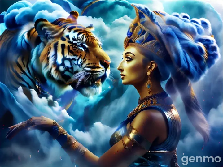 a woman with a tiger on her head