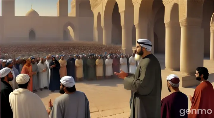 :Prophet Saleh (A.S.) preaching to the people.Visuals of people turning away or arguing with Saleh (A.S.).