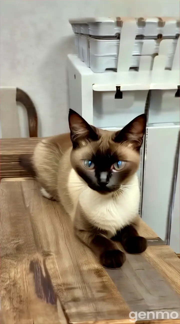 a siamese cat sitting on top of a wooden table