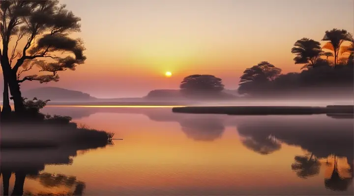 silhouette of a fisherman fishing at a pond with fishing rod, sitting on a log, view from afar. soft colors,  clam environment, 