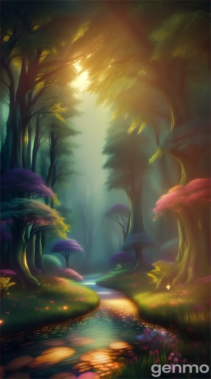 a high-quality video of a magical forest, whimsical, enchanted, fairy tale, mystical, mysterious, fantasy, ethereal, dreamy, surreal, atmospheric, nature, immersive, artistic, mystical creatures, magical lights, vibrant colors, cinematic, slow motion, looping animation, 4k