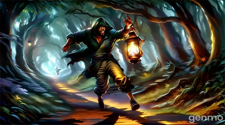 a painting of a man running through a forest holding a lantern