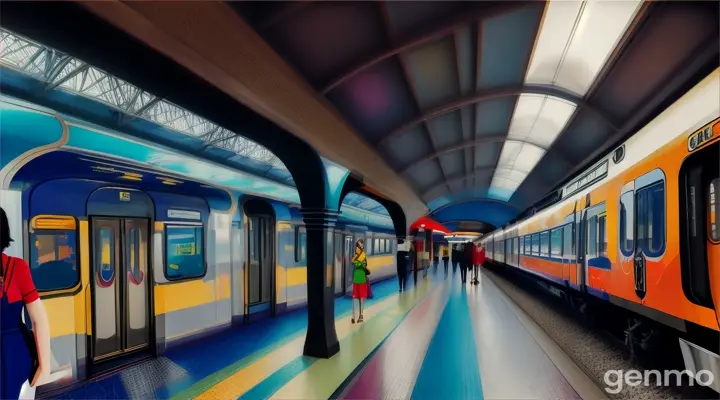 Boldly abstracted cubist realism of a train station, with vivid colors, strong geometric shapes, and textures, a woman waiting in the distance