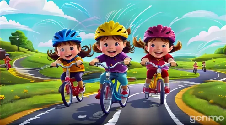 a group of kids riding bikes down a road